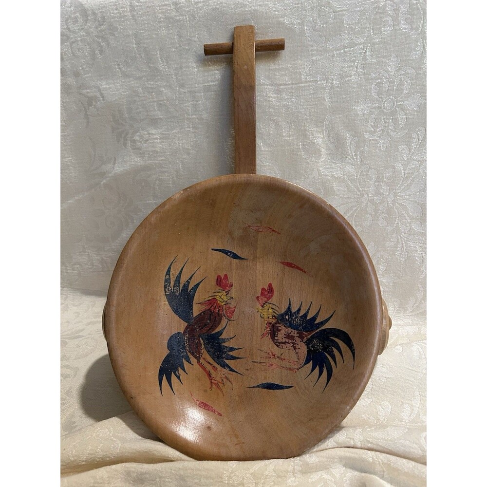 Vtg 1950s Wood Wheelbarrow Nut Dish Rooster Farmhouse Kitchen Decor
